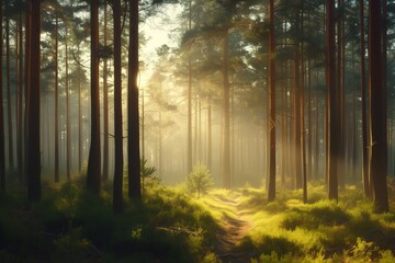 Obraz premium The sun through the pine forest at sunrise