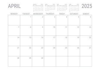 April Calendar 2025 Monthly Planner Printable A4 Monday Start	