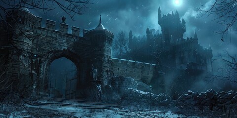 Spooky Haunted House in Creepy Night Forest, Horror Halloween Scene with Eerie Atmosphere