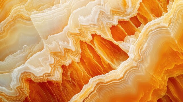 Natural volcanic agate stones close up with light orange, apricot crush and gold texture. Wallpaper background, quartz marble, decorative rock. Ai generation