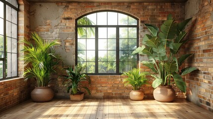 Indoor Garden with Brick Wall and Large Window