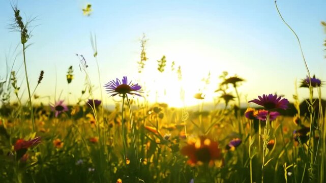 Low angle, ultra smooth video of wildflowers gently swaying in a field during a golden sunset
