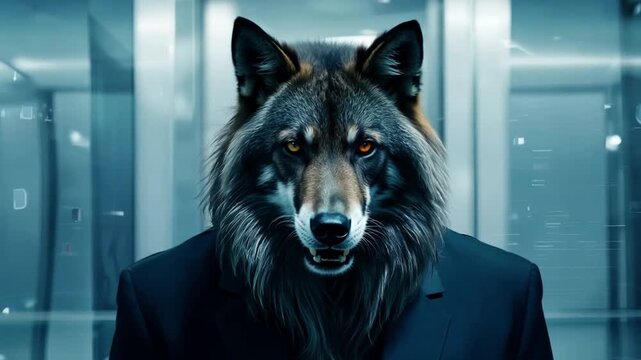 A captivating video showcasing a wolf in a business suit, symbolizing dominance, leadership, and the competitive nature of the corporate world
