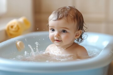 Cute baby taking a bath in the tub