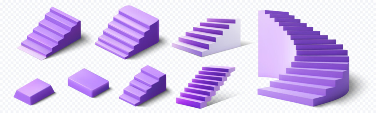 A collection of various purple staircases in different shapes and sizes displayed on a transparent background ideal for architectural and design visualizations. Purple stair shapes.