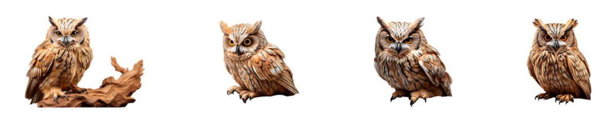 Obraz premium Set, collection of Wooden Owl isolated on transparent background.