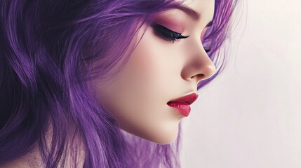 Close-up portrait of a woman with purple hair and red lips.