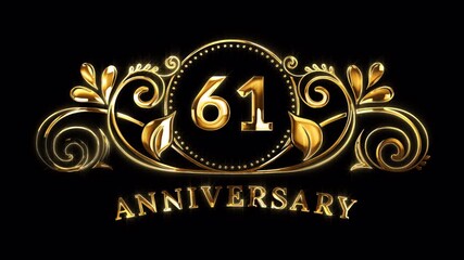 61st Anniversary Celebration. Happy 61 Years Anniversary Animation in Gold Color on the Transparent Background, Alpha Channel. Great for greetings, celebrations, events, and gifts.