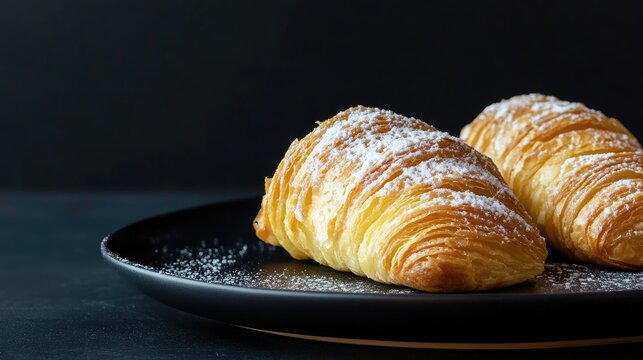 Golden sfogliatella placed on a contemporary plate with a black background, offering an elegant and striking visual with space for ad content.