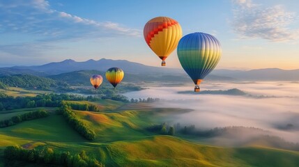 Obraz premium Hot air balloons drifting over a serene countryside at dawn, with fog gently rolling over the fields