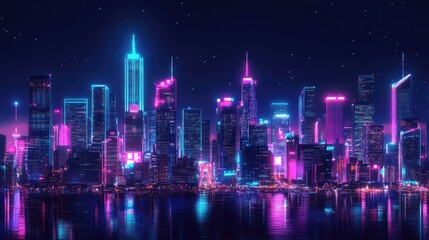 Fototapeta premium Big city night scene in cyberpunk style, futuristic nostalgia 80s, 90s. Neon lights vivid colors, photorealistic horizontal illustration. Ai generation