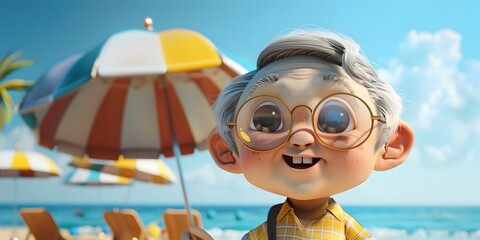 Adorable 3D elderly character on a seaside vacation, featuring a cute and playful design, enjoying a peaceful and relaxing time by the ocean. This charming scene captures the warmth and joy of travel 