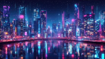 Fototapeta premium Big city night scene in cyberpunk style, futuristic nostalgia 80s, 90s. Neon lights vivid colors, photorealistic horizontal illustration. Ai generation