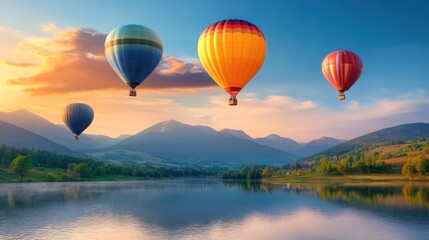 Naklejka premium Hot air balloons floating over a picturesque lake at sunrise, with the water reflecting the colorful balloons