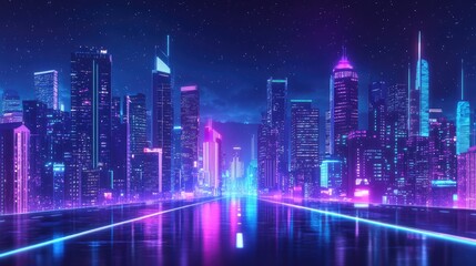 Obraz premium Big city night scene in cyberpunk style, futuristic nostalgia 80s, 90s. Neon lights vivid colors, photorealistic horizontal illustration. Ai generation