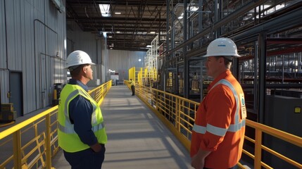 Generate a photo realistic image of inspectors assessing workplace safety barriers, with barrier condition assessments, safety signage, and workplace layout visible; ensure the image is of high