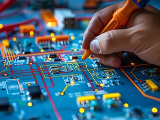 Technician analyzing a circuit board with a multimeter in a workshop setting