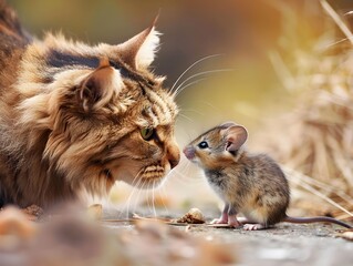 A cat gently interacts with a curious mouse in a peaceful outdoor setting during autumn