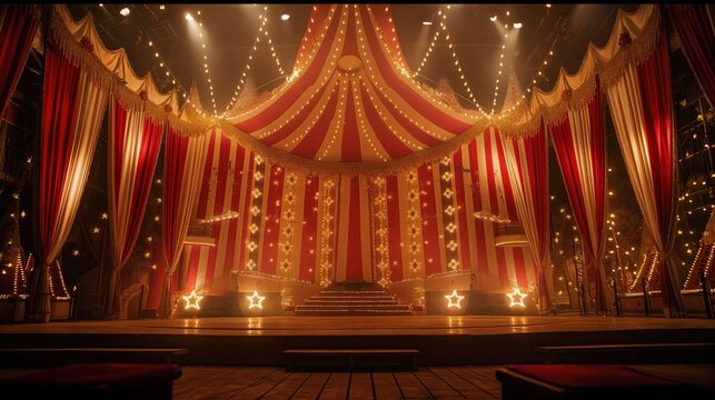 colorful circus stage backdrop with striped tents with twinkling fairy lights