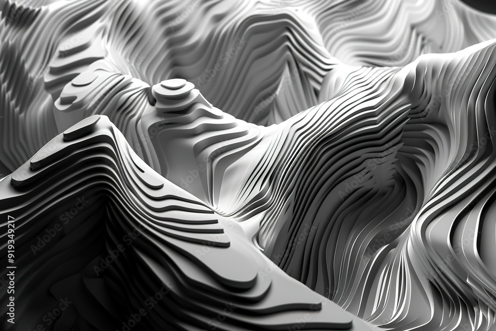 Poster monochrome digital landscape with flowing lines and abstract sha