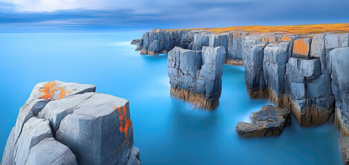 Stunning coastal cliffs rise dramatically above a serene blue ocean, showcasing vibrant lichen and...