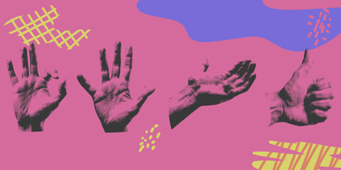 Set of half tone hand gestures with abstract elements. Vector illustration. Abstract Grunge style.