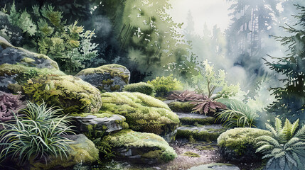 Obraz premium Detailed watercolor of a shade garden, moss-covered rocks, ferns, soft morning mist ,Ultra-High Detail, Ultra-Realistic