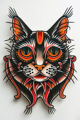cat tattoo, american Neo Traditional tattoo style, tattoo flash, white background