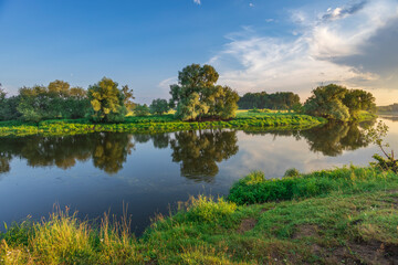 Obraz premium A river with trees on both sides and a clear blue sky