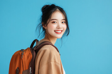Beautiful young women with backpacks, students, college students go to school and back to school. Travelers, backpackers