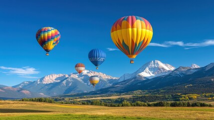 Fototapeta premium A group of hot air balloons ascending into a clear blue sky, with snow-capped mountains in the background