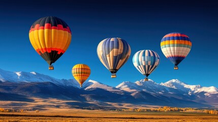 Fototapeta premium A group of hot air balloons ascending into a clear blue sky, with snow-capped mountains in the background