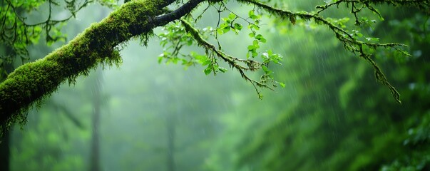 Fototapeta premium A serene forest scene with lush green moss covering a branch, creating a tranquil atmosphere in nature.