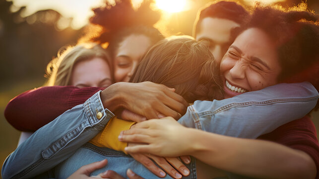 Human Solidarity banner of happy friend group hug ai generative
