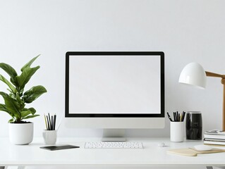 Sleek home office setup with a blank computer screen, ideal for showcasing your designs or mockups