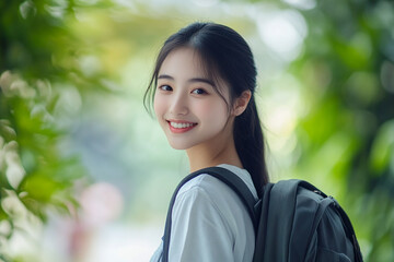 Beautiful young women with backpacks, students, college students go to school and back to school. Travelers, backpackers