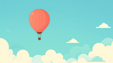 Fototapeta premium Hot Air Balloon in the Sky with Clouds, with Copy Space, Flat Color Design