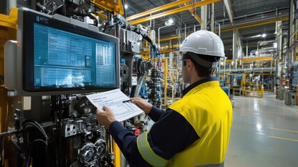 Generate a photo realistic image of inspectors conducting safety compliance inspection of industrial machinery, with machinery safety guards, equipment maintenance records, and inspection checklist