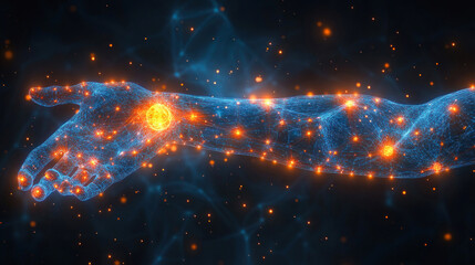 Abstract digital arm with glowing neural connections