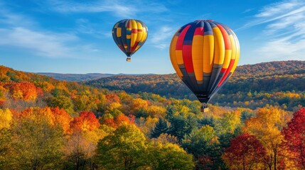 Fototapeta premium Hot air balloons above a colorful autumn forest, with the trees displaying a brilliant mix of reds, oranges, and yellows