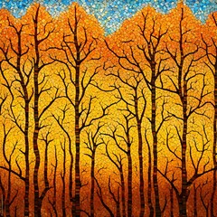 Spectacular autumn season abstract pattern in mosaic glass background features with yellow forest landscape and sky. Digital art 3D illustration.