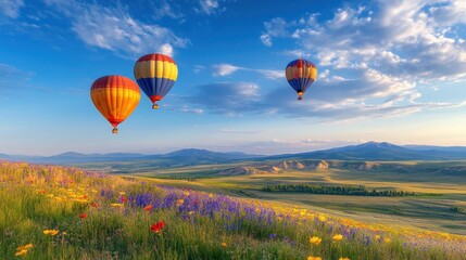 Obraz premium Hot air balloons above a colorful field of wildflowers, with the blooms creating a patchwork of colors