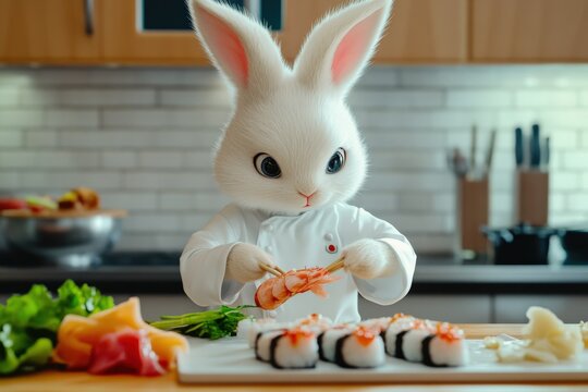 The rabbit chef carefully assembles sushi rolls, showcasing culinary skills with fresh ingredients in a bright kitchen setting