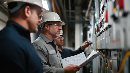 Generate a photo realistic image of inspectors conducting an electrical safety audit, with electrical panel inspections, grounding checks, and audit findings documentation visible