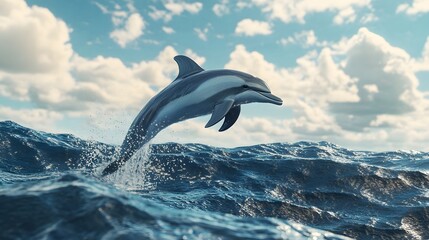 Fototapeta premium A realistic photo of an elegant dolphin leaping out the blue ocean waves, with detailed textures and vibrant colors, under a clear sky with clouds. 
