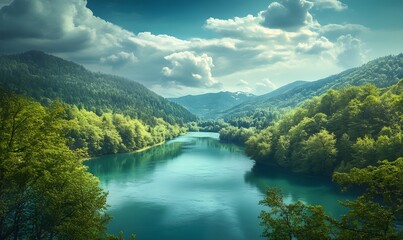 Beautiful view of the emerald green storm river in the painterly style of an artist, surrounded by lush forest and mountains in Europe. 