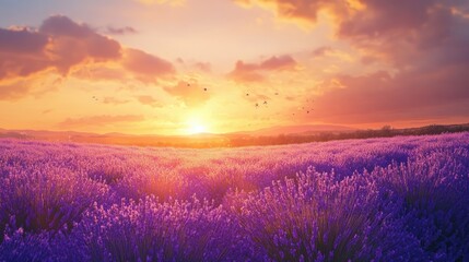 The sun sets over a vast lavender field, casting a golden glow over the purple blooms, creating a serene and stunning landscape.