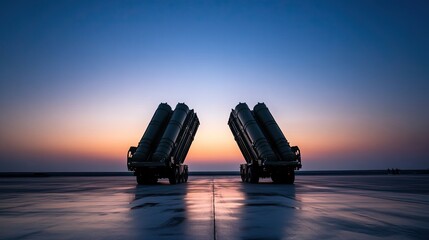 Two anti-aircraft missile systems on trucks stand ready, facing a futuristic city skyline under the twilight sky in the year 2045