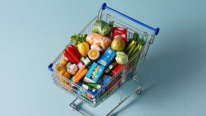 Shopping Cart Full of Freshness: A vibrant and colorful shopping cart overflows with a variety of fresh produce, showcasing a healthy and delicious grocery haul.  