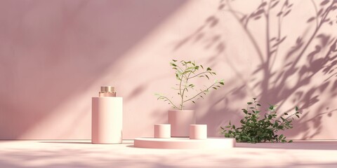 Render, modern, light pink background, 3D stage set design, no products on the table, empty product display, empty beauty product display, cylindrical display, generative ai